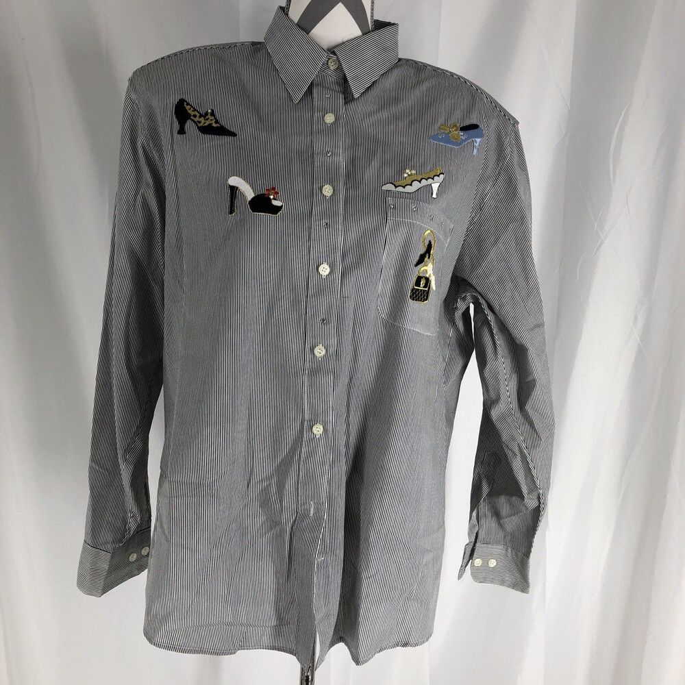 Vintage Get Lucky Embroidered Shoes Women's Shirt Large Black & White Striped